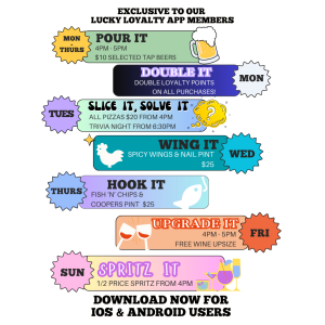 Weekly specials A4 summary graphic for Lucky Shag Bar