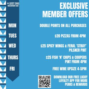 Promotional blue poster for The Lucky Shag Waterfront Bar advertising exclusive member offers, daily specials, and a QR code.