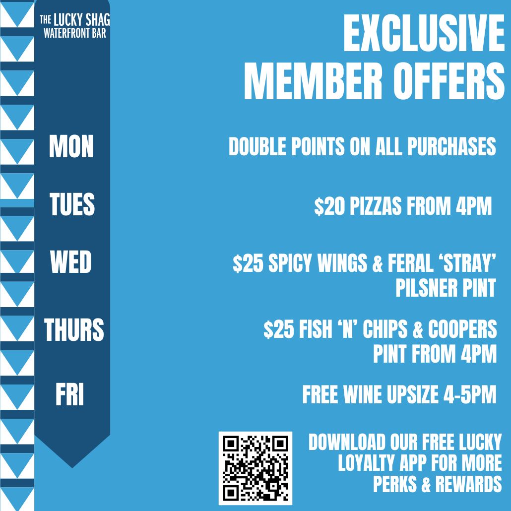 Promotional blue poster for The Lucky Shag Waterfront Bar advertising exclusive member offers, daily specials, and a QR code.