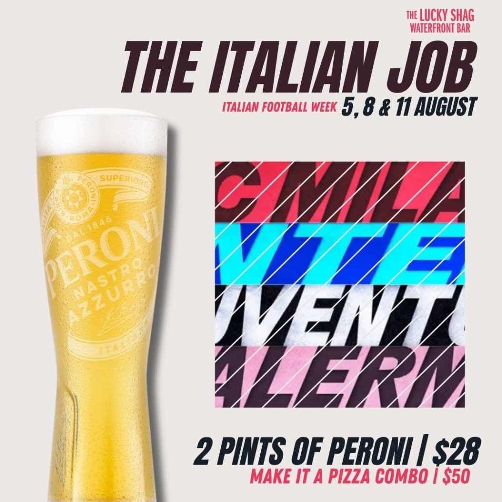 Event poster for The Italian Job: features a tall glass of Peroni beer on the left, a colorful abstract square graphic, and bold text promoting two pints of Peroni or a pizza combo.