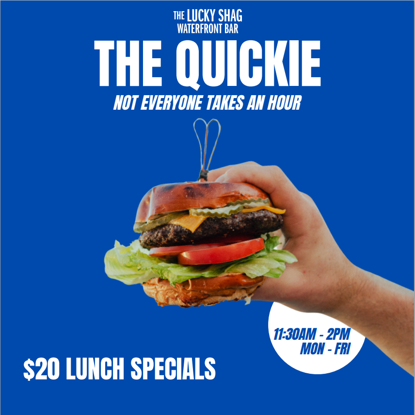 Blue poster promoting The Quickie burger: a hand holding a stacked burger on a bright blue background; hours 11:30 AM–2 PM, Mon–Fri; $20 lunch specials; bar name at top.