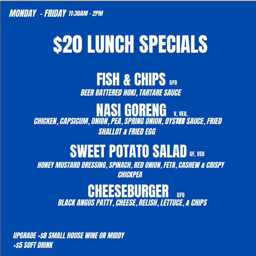 Blue menu board advertising $20 lunch specials with items: Fish & Chips, Nasi Goreng, Sweet Potato Salad, Cheeseburger (bold white text on blue).