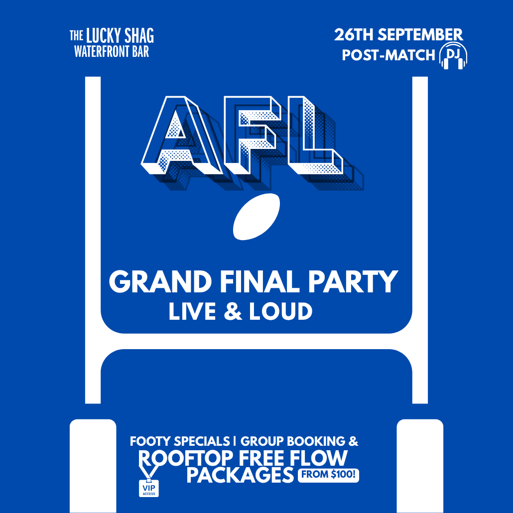 Poster for an AFL Grand Final Party, blue background with large AFL letters, football icon, and 'Grand Final Party Live & Loud' text at center.