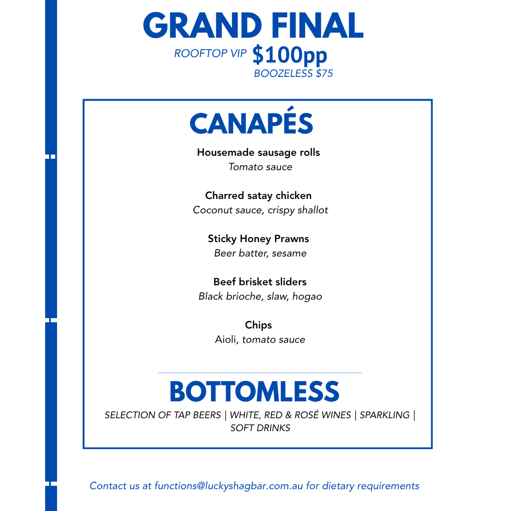 Poster-style menu for a Grand Final event: CANAPÉS section listing five items (sausages rolls, satay chicken, honey prawns, beef brisket sliders, chips) with small descriptions; bottomless drinks section and contact/footer details.