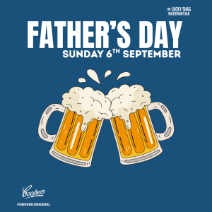 Poster announcing Father's Day event: two beer mugs clinking over a dark blue background, with 'FATHER'S DAY' text and date 'SUNDAY 6TH SEPTEMBER' at top; bar name in corner.